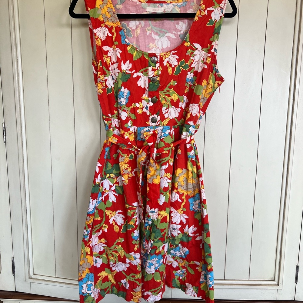 Vintage Tulle Floral Sleeveless Dress with Belt